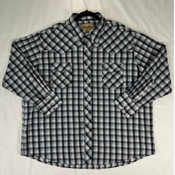Wrangler Western Shirts Pearl Snap Mens XXL Long Sleeve Plaid Cowboy Utility - Picture 1 of 6